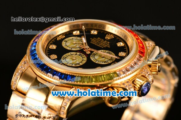 Rolex Daytona II Rainbow Asia 3836 Automatic Yellow Gold Case/Strap with Black Dial and Rainbow Colored Bezel - Click Image to Close